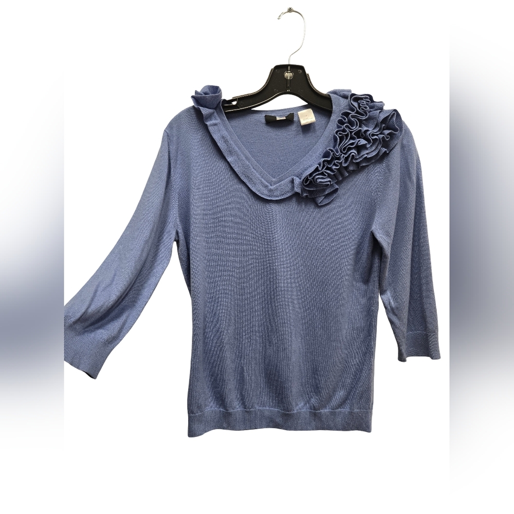 Blue Ruffled V-Neck Sweater - Picture 5 of 7